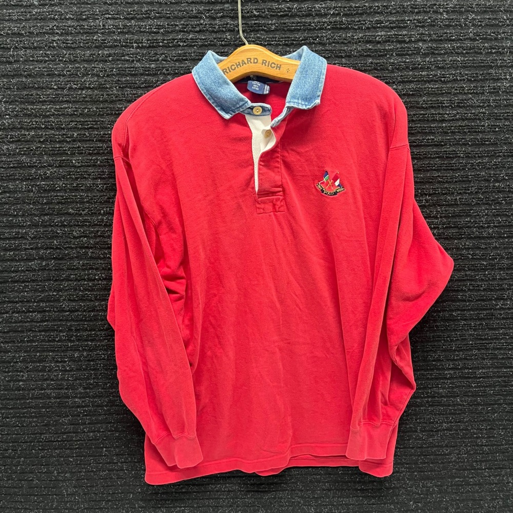 Vintage Ralph Lauren Polo Rugby Shirt Mens Large Red Denim Collar Long Sleeve L